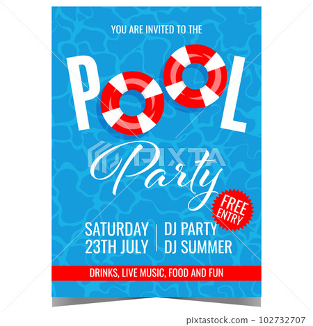 Pool party vector illustration for summer vacation entertainment. Invitation leaflet, flyer, banner or poster with inflatable swimming ring in blue pool water suitable for exotic beach event promo. 102732707