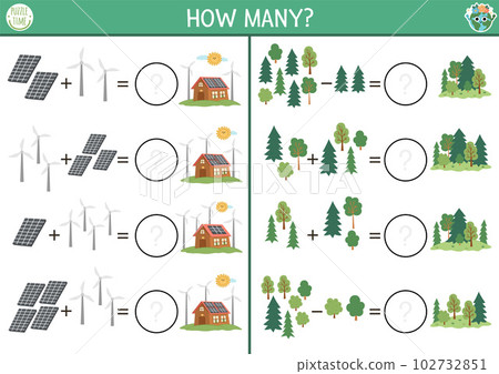 How many trees, wind turbines and solar panels game. Ecological house math addition activity for preschool children. Simple eco earth day printable counting worksheet for kids How many trees, wind turbines and solar panels game. Ecological house math addition activity for preschool children. Simple eco earth day printable counting worksheet for kids 102732851