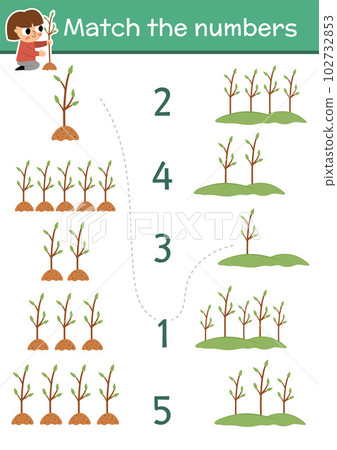 Match the numbers ecological game with girl planting trees. Earth day or garden math activity for preschool kids. Eco awareness educational counting worksheet with growing young plants Match the numbers ecological game with girl planting trees. Earth day or garden math activity for preschool kids. Eco awareness educational counting worksheet with growing young plants 102732853