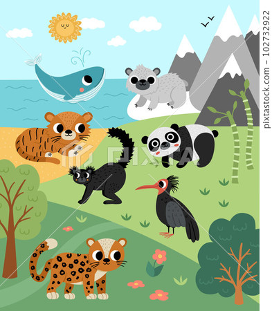 Vector wild forest, mountains, ocean scene with trees, extinct animals, birds. Woodland scenery with tiger, leopard, panda, whale, polar bear. Wild nature landscape illustration or background. 102732922