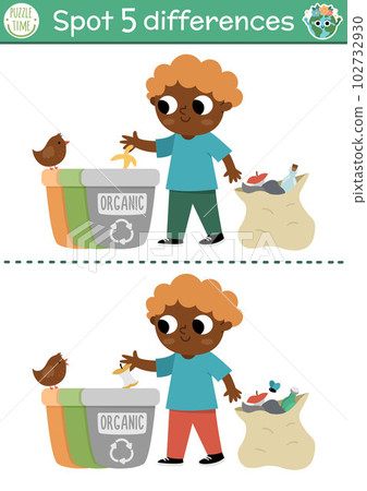 Find differences game. Ecological educational activity with cute boy sorting rubbish. Earth day puzzle for kids with funny character. Eco awareness or zero waste printable worksheet, page Find differences game. Ecological educational activity with cute boy sorting rubbish. Earth day puzzle for kids with funny character. Eco awareness or zero waste printable worksheet, page 102732930