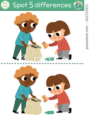 Find differences game. Ecological educational activity with cute children collecting rubbish. Earth day puzzle for kids with funny character. Eco awareness or zero waste printable worksheet or page 102732931