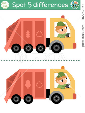 Find differences game for children. Ecological educational activity with cute rubbish truck. Earth day puzzle for kids. Eco awareness or zero waste printable worksheet with waste car 102732932