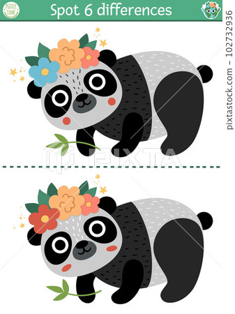 Find differences game for children. Ecological educational activity with cute panda. Earth day puzzle for kids with funny bear. Eco awareness printable worksheet or page with endangered animal 102732936