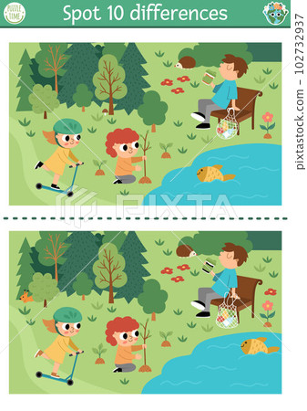Find differences game for children. Ecological educational activity with cute nature forest scene, kids caring of environment. Earth day puzzle. Eco awareness printable worksheet Find differences game for children. Ecological educational activity with cute nature forest scene, kids caring of environment. Earth day puzzle. Eco awareness printable worksheet 102732937