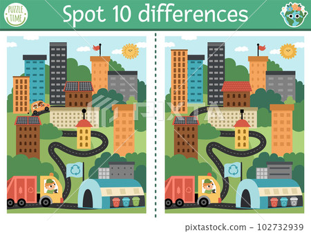 Find differences game for children with opposites. Ecological educational activity with cute eco city. Earth day puzzle for kids. Eco awareness or zero waste printable worksheet, page 102732939