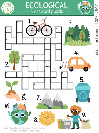 Vector ecological crossword puzzle for kids. Simple Earth day quiz with eco city landscape for children. Eco awareness educational activity. Cute cross word with forest, planet, plants 102732947