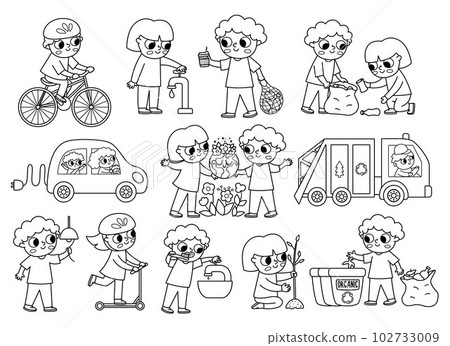 Ecological black and white vector set with children. Cute line eco friendly kids collection. Boys and girls saving water, energy, seeding plants, caring of environment. Earth day coloring page Ecological black and white vector set with children. Cute line eco friendly kids collection. Boys and girls saving water, energy, seeding plants, caring of environment. Earth day coloring page 102733009