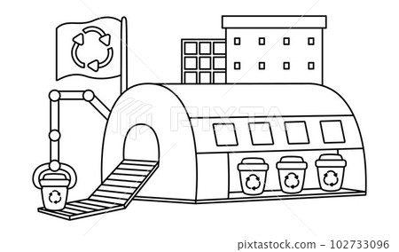 Vector black and white waste recycling plant icon. Garbage sorting factory line illustration. Trash recycle illustration. Cute earth day landscape, scene or coloring page Vector black and white waste recycling plant icon. Garbage sorting factory line illustration. Trash recycle illustration. Cute earth day landscape, scene or coloring page 102733096