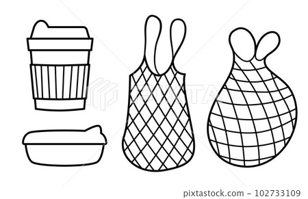 Eco black and white set with shopping bags, reusable cup and container. Line net bag illustration. Organic recyclable shopper and ecological food packaging concept or coloring page 102733109
