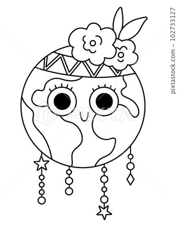 Vector black and white earth for kids. Earth day line illustration with cute kawaii smiling planet. Environment friendly icon or coloring page with globe and flowers on top Vector black and white earth for kids. Earth day line illustration with cute kawaii smiling planet. Environment friendly icon or coloring page with globe and flowers on top 102733127