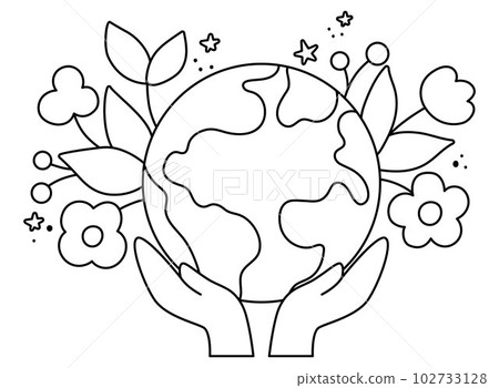Vector black and white hands holding earth with flowers. Earth day line illustration with cute planet. Environment friendly icon with globe. Cute ecological concept or coloring page Vector black and white hands holding earth with flowers. Earth day line illustration with cute planet. Environment friendly icon with globe. Cute ecological concept or coloring page 102733128