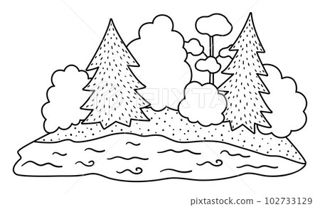 Vector black and white river and forest landscape. Environment friendly line concept with trees, lake and boat. Ecological or outdoor camping illustration. Earth day scene or coloring page 102733129