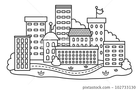 Vector black and white eco city icon. Environment friendly home concept with trees and buildings. Ecological town lifestyle line illustration. Cute earth day landscape or coloring page Vector black and white eco city icon. Environment friendly home concept with trees and buildings. Ecological town lifestyle line illustration. Cute earth day landscape or coloring page 102733130
