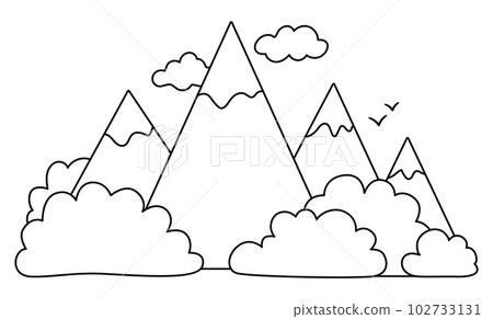 Vector black and white mountain and forest landscape. Environment friendly concept with trees and hills. Ecological or outdoor camping line illustration. Cute earth day coloring page with rocks Vector black and white mountain and forest landscape. Environment friendly concept with trees and hills. Ecological or outdoor camping line illustration. Cute earth day coloring page with rocks 102733131