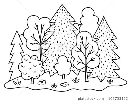 Vector black and white forest landscape. Environment friendly concept with trees, flowers and bushes. Ecological or outdoor camping line illustration. Cute earth day coloring page with plants Vector black and white forest landscape. Environment friendly concept with trees, flowers and bushes. Ecological or outdoor camping line illustration. Cute earth day coloring page with plants 102733132