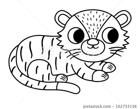 Vector black and white Bengal tiger icon. Endangered species illustration. Cute extinct animal isolated on white background. Funny wild animal line illustration for kids. Nature protection coloring Vector black and white Bengal tiger icon. Endangered species illustration. Cute extinct animal isolated on white background. Funny wild animal line illustration for kids. Nature protection coloring 102733136