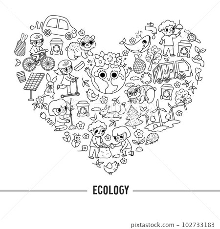 Vector black and white ecological heart shaped frame with cute children caring of nature. Earth day card template for banners, invitations. Cute environment friendly coloring page, nature love Vector black and white ecological heart shaped frame with cute children caring of nature. Earth day card template for banners, invitations. Cute environment friendly coloring page, nature love 102733183