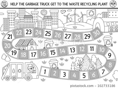 Ecological black and white dice board game for children with garbage truck going to waste recycling plant. Earth day line boardgame. Nature protection printable coloring page Ecological black and white dice board game for children with garbage truck going to waste recycling plant. Earth day line boardgame. Nature protection printable coloring page 102733186