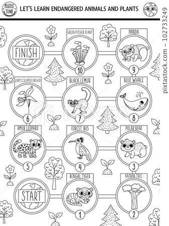 Ecological black and white dice board game for children with endangered animals and plants. Earth day line boardgame. Printable activity or worksheet. Eco awareness coloring page 102733249