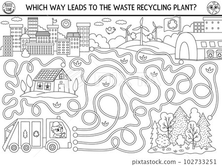 Ecological black and white maze for kids with garbage truck going to waste recycling plant. Earth day preschool line ctivity. Eco awareness or zero waste labyrinth game or coloring page 102733251