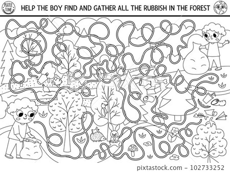 Ecological black and white maze for children with kid gathering garbage in forest. Earth day preschool activity. Eco awareness labyrinth game, puzzle. Nature protection printable coloring page 102733252