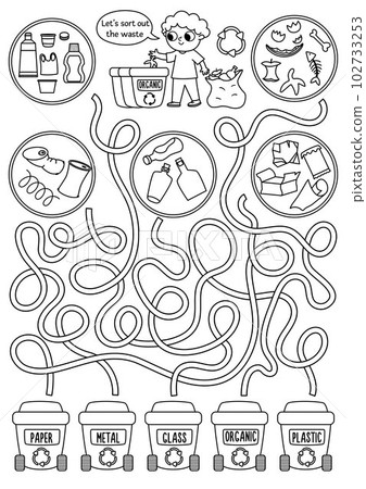 Ecological black and white maze for children with kid sorting out the rubbish. Earth day preschool activity. Eco awareness labyrinth game. Nature protection printable coloring page 102733253