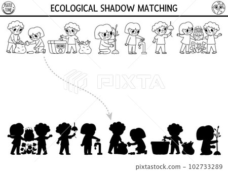 Ecological black and white shadow matching activity with kids caring of environment. Earth day puzzle. Find correct silhouette printable worksheet or game. Eco awareness coloring page for kids 102733289