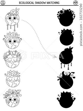 Ecological black and white shadow matching activity with cute planets. Earth day puzzle. Find correct silhouette printable worksheet or game. Eco awareness coloring page for kids 102733290