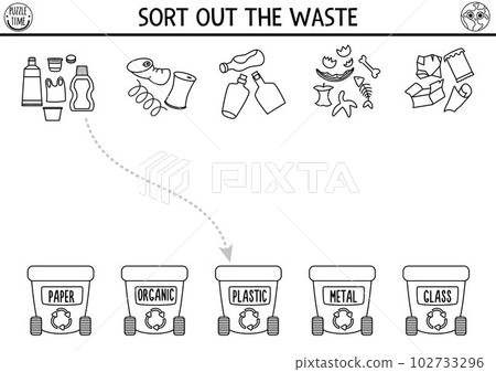 Ecological black and white matching activity with waste sorting concept. Earth day puzzle. Printable worksheet or game. Sort out the waste. Eco awareness coloring page for kids 102733296