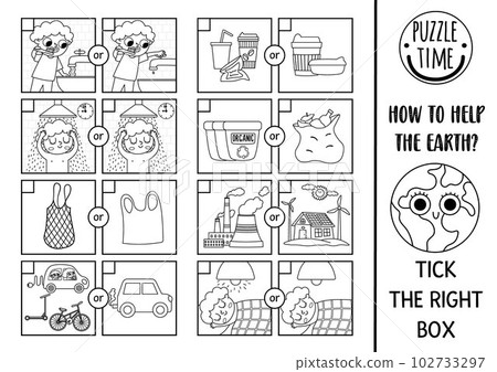 Ecological black and white matching activity with alternative resources, transport, waste sorting concept. Earth day puzzle. Printable worksheet. Eco awareness coloring page for kids 102733297