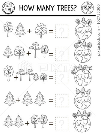 How many trees black and white game with cute planet. Ecological math addition activity for preschool children. Simple eco earth day printable counting coloring page for kids with plants and Earth 102733300