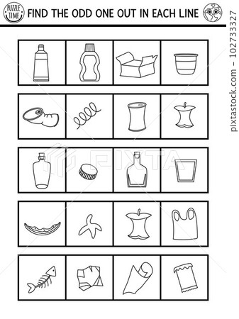 Find the odd one out. Ecological black and white logical activity for children. Eco awareness zero waste educational quiz worksheet for kids for attention skills. Simple printable coloring page 102733327