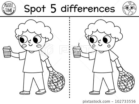 Find differences game. Ecological black and white educational activity with cute boy with reusable cup and bag. Earth day line puzzle for kids. Eco awareness or zero waste printable coloring page 102733556