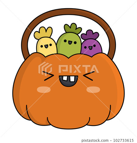 Vector kawaii jack-o-lantern bag with sweets. Cute smiling Halloween character for kids. Funny autumn all saints day cartoon scary pumpkin trick or treat illustration. Samhain party icon for children 102733615