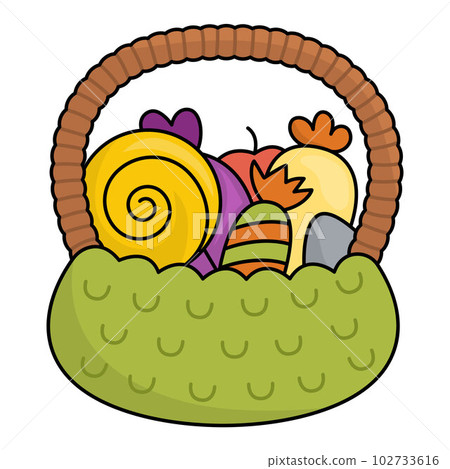 Vector kawaii trick or treat basket with sweets. Cute Halloween design for kids. Funny autumn all saints day cartoon illustration with candies. Samhain party icon for children Vector kawaii trick or treat basket with sweets. Cute Halloween design for kids. Funny autumn all saints day cartoon illustration with candies. Samhain party icon for children 102733616