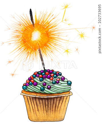 Watercolor scetch cupkace, burning sparkler, isolated 102733695
