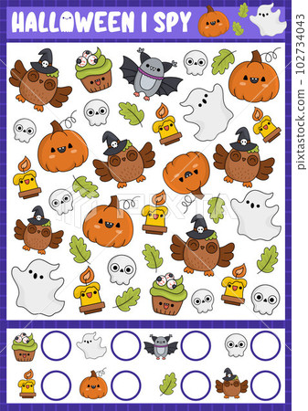 Halloween I spy game for kids. Searching and counting activity with cute kawaii holiday symbols. Scary autumn printable worksheet for preschool children. Simple all saints day spotting puzzle Halloween I spy game for kids. Searching and counting activity with cute kawaii holiday symbols. Scary autumn printable worksheet for preschool children. Simple all saints day spotting puzzle 102734043