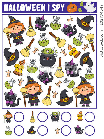 Halloween I spy game for kids. Searching and counting activity with cute kawaii witch. Scary autumn printable worksheet for preschool children. Simple all saints day spotting puzzle Halloween I spy game for kids. Searching and counting activity with cute kawaii witch. Scary autumn printable worksheet for preschool children. Simple all saints day spotting puzzle 102734045