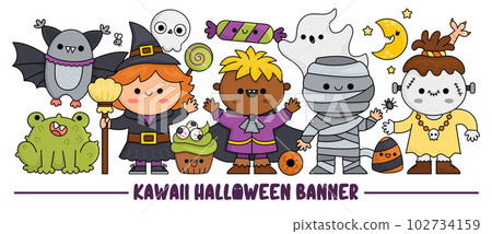Halloween horizontal banner with cute kawaii characters for kids. Vector witch standing with vampire, mummy, bat, frog, ghost. Cute All saints day illustration. Funny trick or treat party set for 102734159