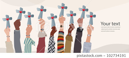 Group of people hands raised holding a crucifix. Christian worship.Concept of faith and hope in Jesus Christ. Copy space banners.Evangelical Christians - Protestants - or Catholics Group of people hands raised holding a crucifix. Christian worship.Concept of faith and hope in Jesus Christ. Copy space banners.Evangelical Christians - Protestants - or Catholics 102734191