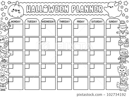 Vector black and white Halloween monthly planner with traditional holiday symbols. Autumn line all saints day calendar or timetable for kids. Scary trick or treat coloring poster with cute kawaii Vector black and white Halloween monthly planner with traditional holiday symbols. Autumn line all saints day calendar or timetable for kids. Scary trick or treat coloring poster with cute kawaii 102734192