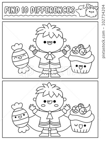 Halloween black and white find differences game for children. Attention skills line activity with cute vampire boy, sweet. Puzzle or coloring page. Printable what is different worksheet Halloween black and white find differences game for children. Attention skills line activity with cute vampire boy, sweet. Puzzle or coloring page. Printable what is different worksheet 102734204