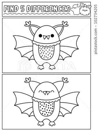 Halloween black and white find differences game for children. Attention skills line activity with cute bat. Puzzle for kids with funny character. Printable what is different worksheet or coloring Halloween black and white find differences game for children. Attention skills line activity with cute bat. Puzzle for kids with funny character. Printable what is different worksheet or coloring 102734205