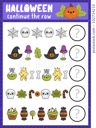 What comes next. Halloween matching activity for preschool children with traditional holiday symbols. Funny kawaii puzzle. Autumn Samhain party logical worksheet. Continue the row game 102734210
