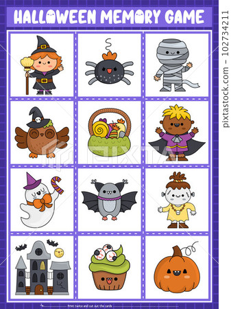 Vector Halloween kawaii memory game cards with cute traditional holiday symbols. Samhain party matching activity. Remember and find correct card. Simple printable worksheet for kids Vector Halloween kawaii memory game cards with cute traditional holiday symbols. Samhain party matching activity. Remember and find correct card. Simple printable worksheet for kids 102734211