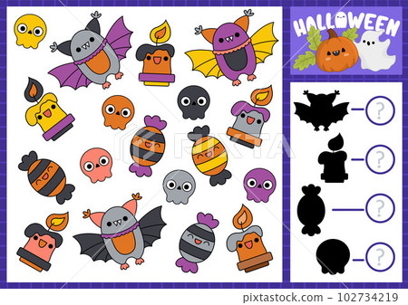 Halloween I spy and shadow match game for kids. Searching and counting activity with cute kawaii holiday symbols. Scary autumn printable worksheet for preschool children Halloween I spy and shadow match game for kids. Searching and counting activity with cute kawaii holiday symbols. Scary autumn printable worksheet for preschool children 102734219
