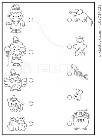 Halloween black and white matching activity with cute kawaii witch, owl, cat, monster. Autumn holiday line puzzle with cauldron, mouse, frog. Match the objects game. All saints day coloring page Halloween black and white matching activity with cute kawaii witch, owl, cat, monster. Autumn holiday line puzzle with cauldron, mouse, frog. Match the objects game. All saints day coloring page 102734222