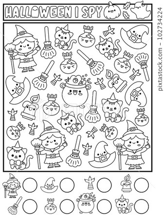 Halloween black and white I spy game for kids. Searching and counting line activity with cute kawaii witch. Scary autumn printable worksheet for preschool children. Simple coloring page 102734224