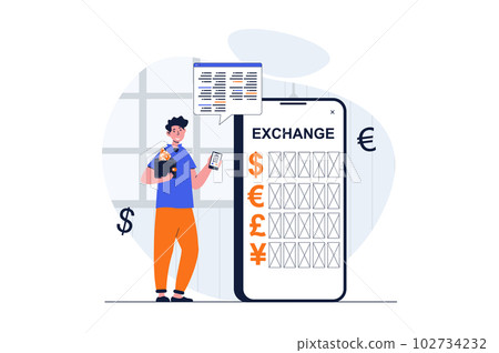Mobile banking web concept with character scene. Man uses currency exchange service, doing transaction in app. People situation in flat design. Vector illustration for social media marketing material. Mobile banking web concept with character scene. Man uses currency exchange service, doing transaction in app. People situation in flat design. Vector illustration for social media marketing material. 102734232